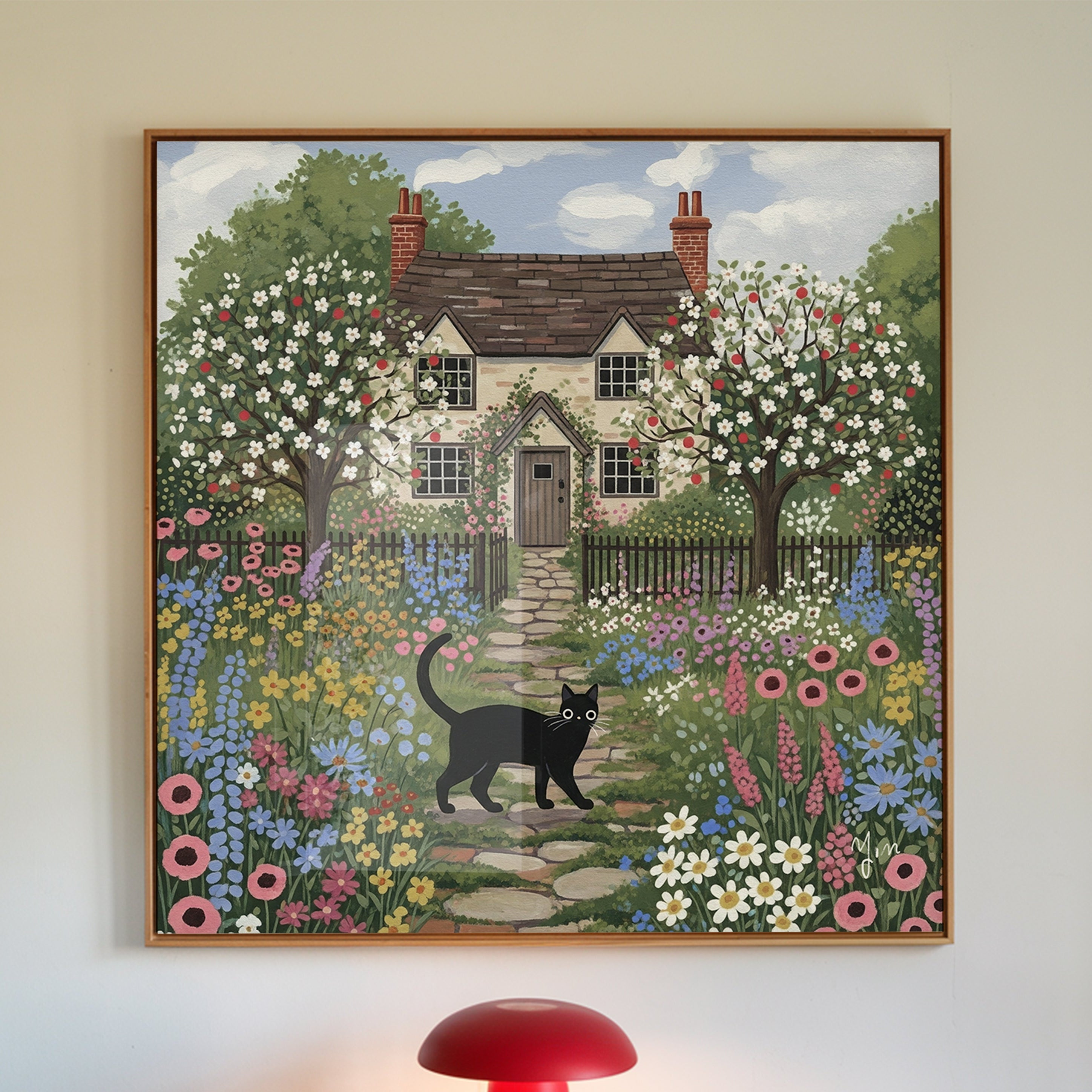 Whimsical Cottage Garden Art Print with Black Cat – Floral
