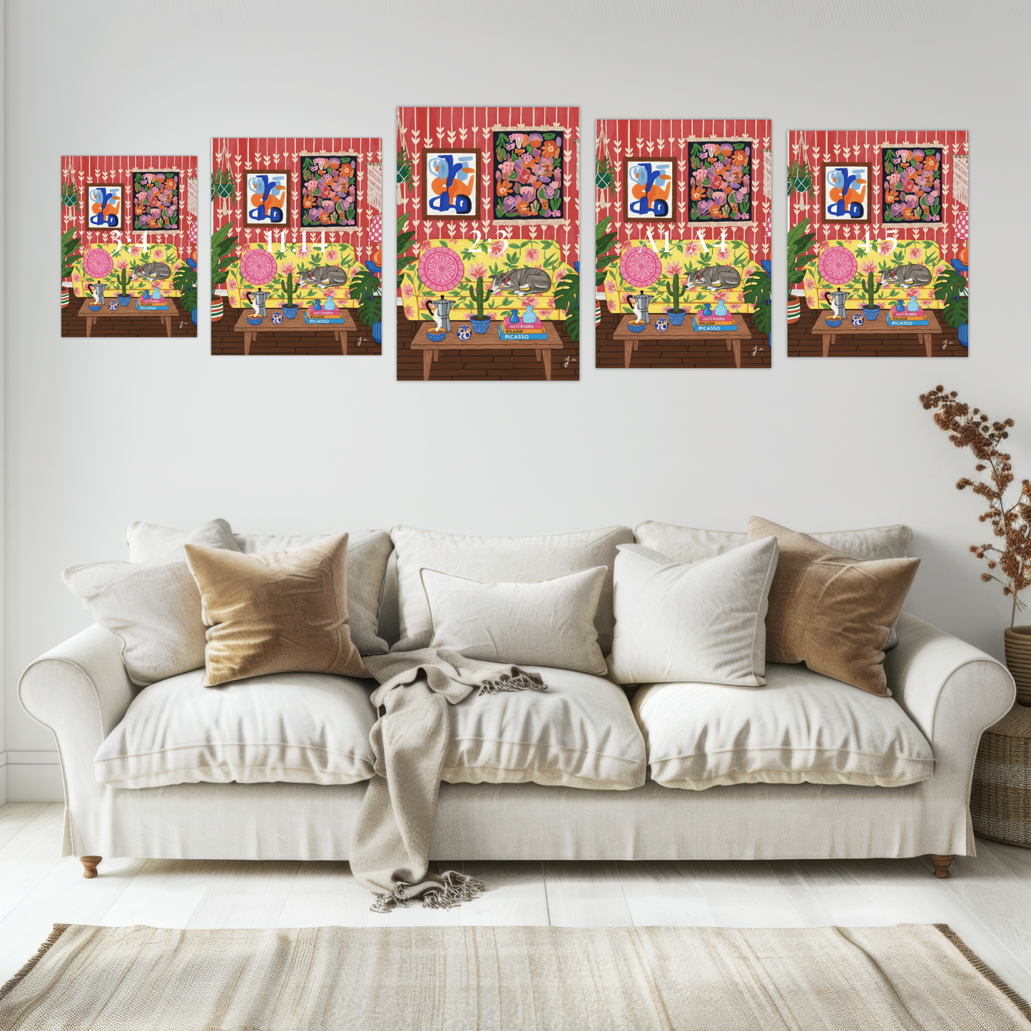 Whimsical Greyhound Living Room Art Print Dog Sleeping on Floral Sofa Boho Interior Illustration Poster