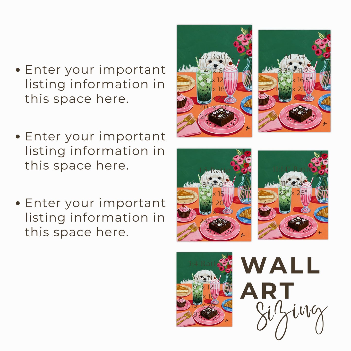 Cute White Dog at Colorful Dessert Table Green Background Illustration Print Art