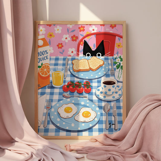 Black Cat Breakfast Art Print Whimsical Kitchen Decor with Eggs, Toast and Juice Print Poster