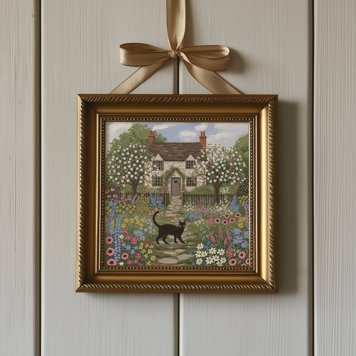Whimsical Cottage Garden Art Print with Black Cat – Floral Countryside House Illustration for Home Decor Poster