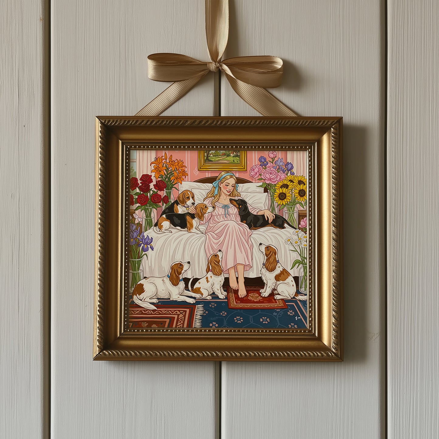 A girl in a pink dress sits on a floral bed surrounded by six dogs including beagles and a dachshund. The cozy bedroom is filled with blooming flowers, soft pastel tones, and vintage decor. The scene is warm and peaceful, evoking a whimsical, romantic, and storybook-like atmosphere.