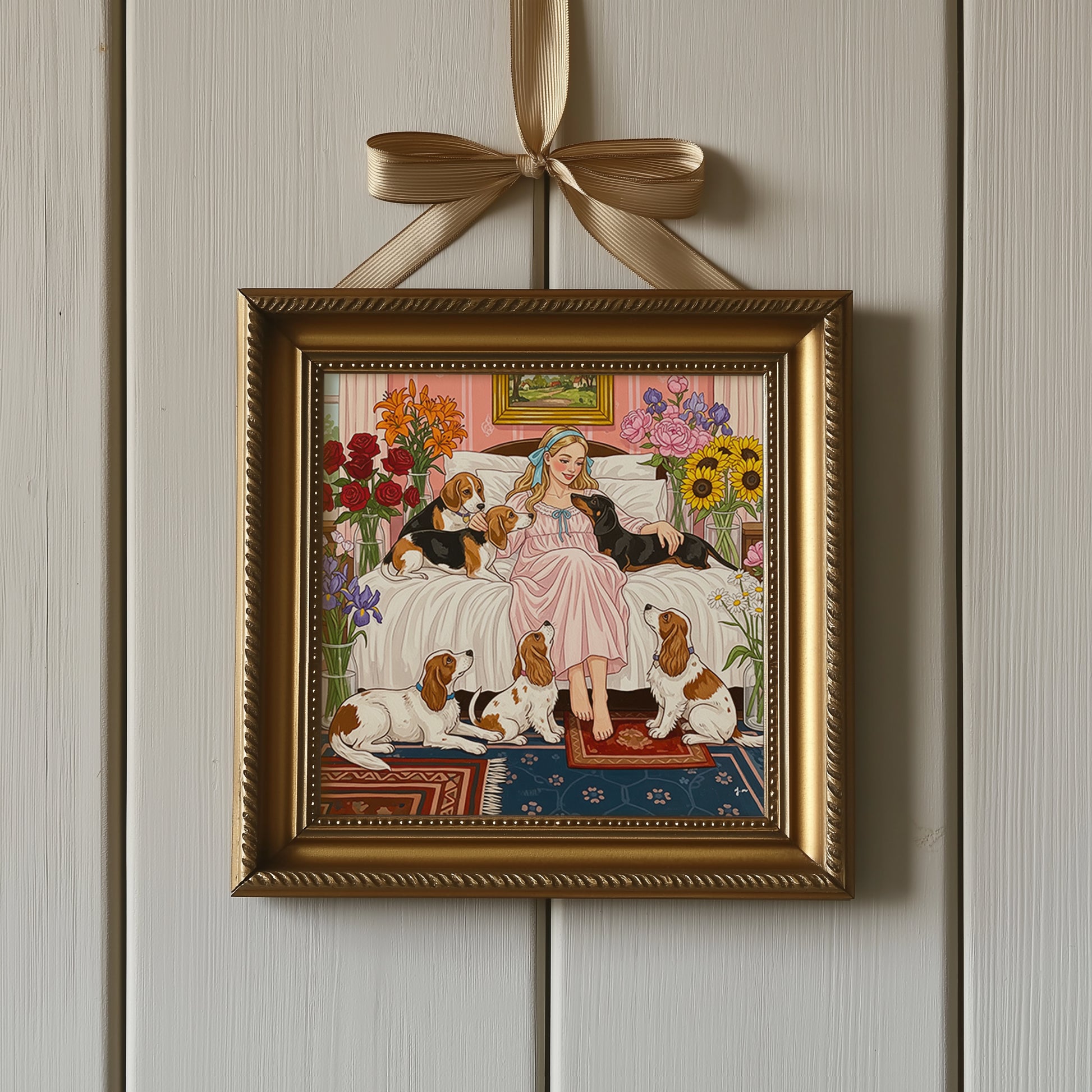 A girl in a pink dress sits on a floral bed surrounded by six dogs including beagles and a dachshund. The cozy bedroom is filled with blooming flowers, soft pastel tones, and vintage decor. The scene is warm and peaceful, evoking a whimsical, romantic, and storybook-like atmosphere.