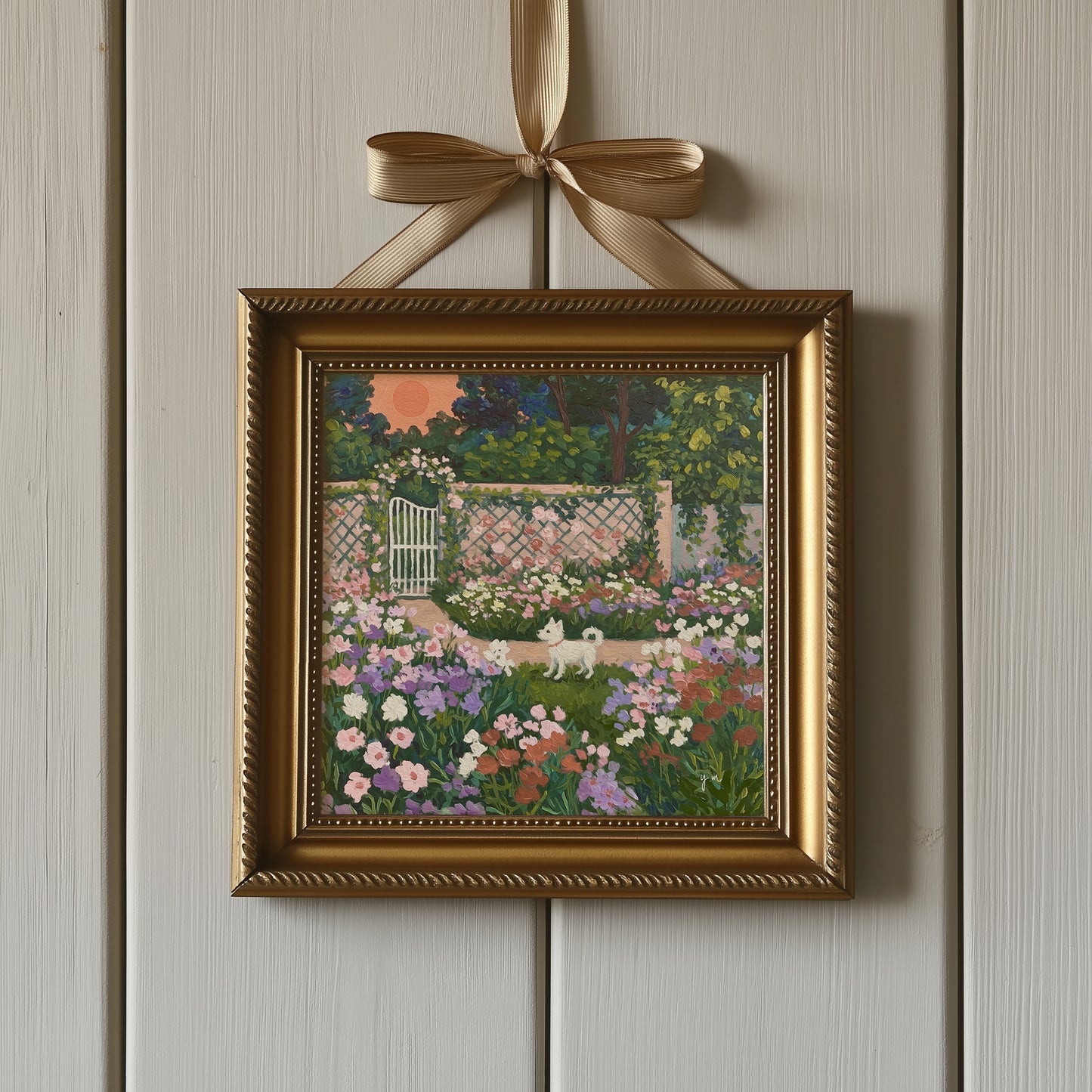 White Dog in a Secret Garden – Whimsical Floral Landscape Art Print Poster