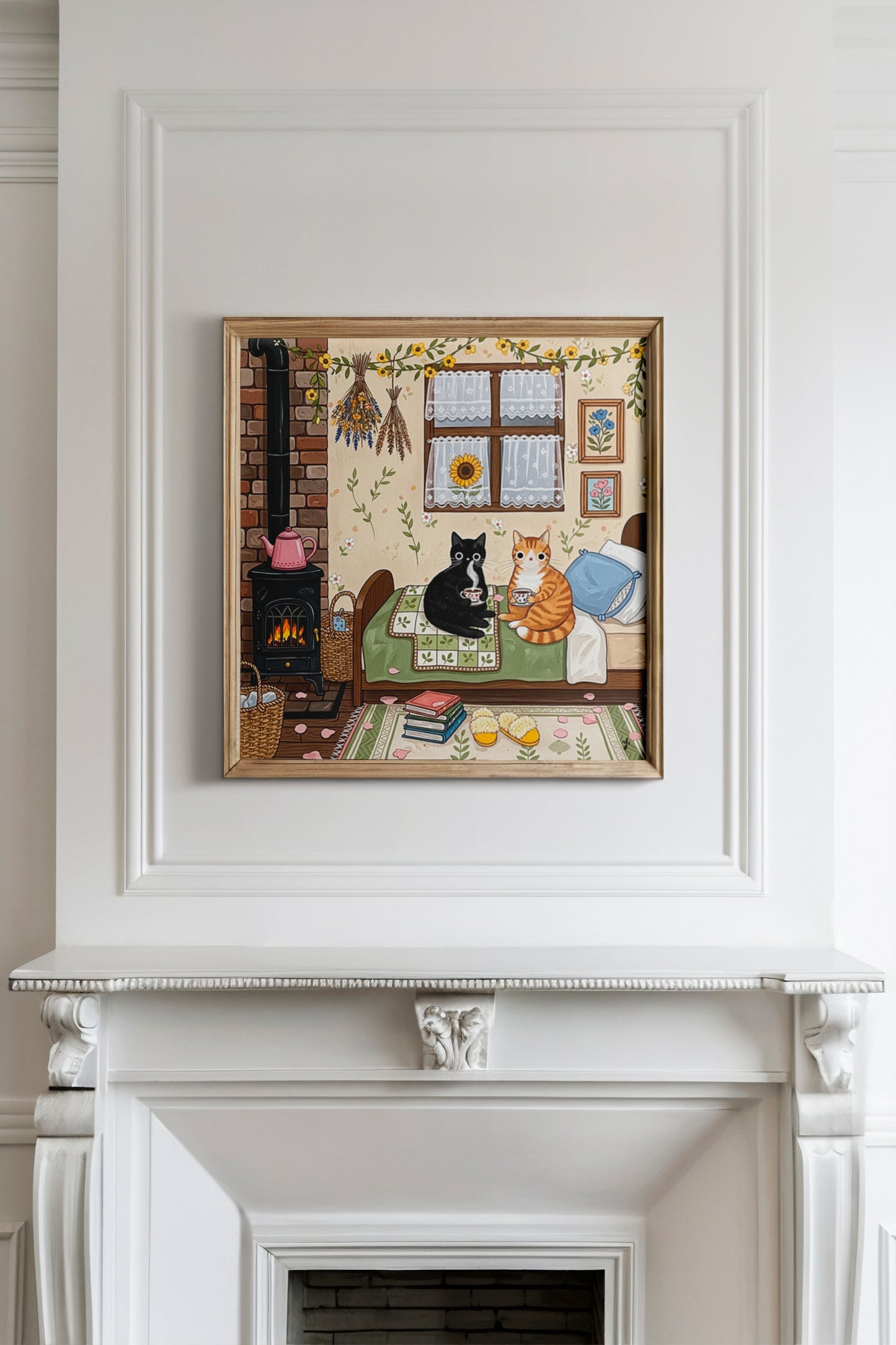 Two Cozy Cats in a Rustic Autumn Cabin with Warm Tea and Peaceful Vibes Poster