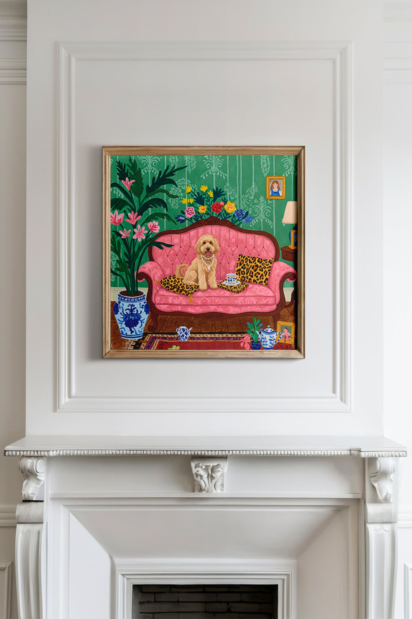 Elegant Dog on Pink Sofa Wall Art – Vintage Style Pet Print with Floral Decor & Tea Set Poster