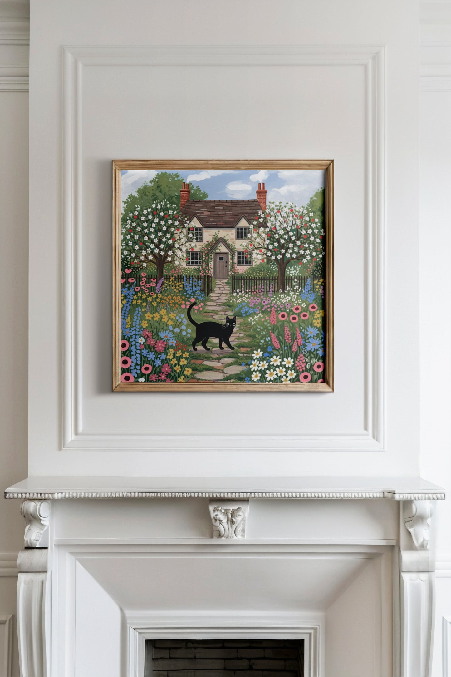 Whimsical Cottage Garden Art Print with Black Cat – Floral Countryside House Illustration for Home Decor Poster