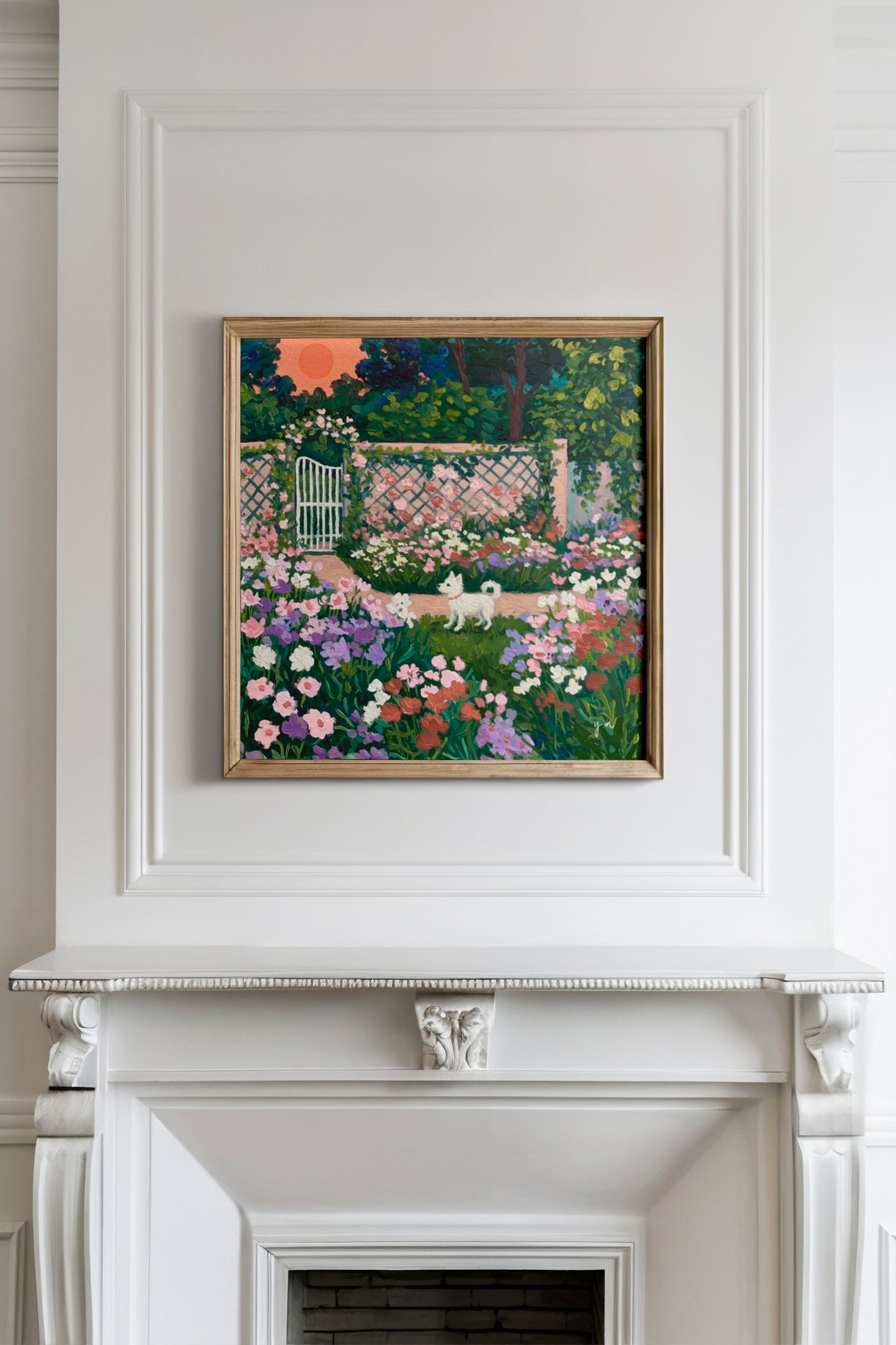 White Dog in a Secret Garden – Whimsical Floral Landscape Art Print Poster