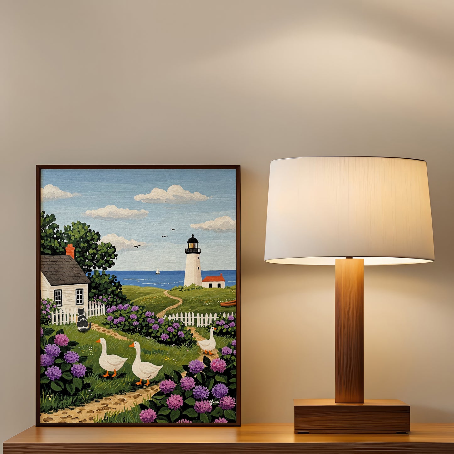 Countryside Ocean Landscape Painting Countryside Ocean Lighthouse Handdrawn Coastal Wildflower Field Cat Art Ducks Beach Illustration Animal Cat