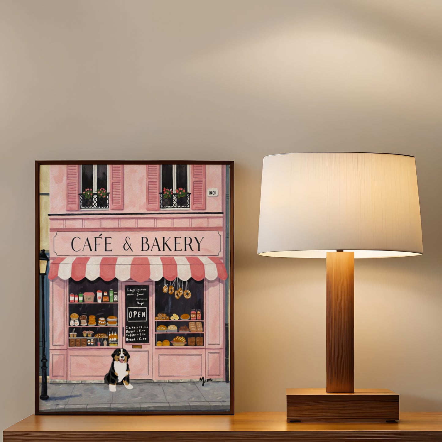 Cute Dog in Front of Pink Café and Bakery Wall Art French Bakery Illustration Poster Paris Street Scene Dog Lover Home Decor Poster