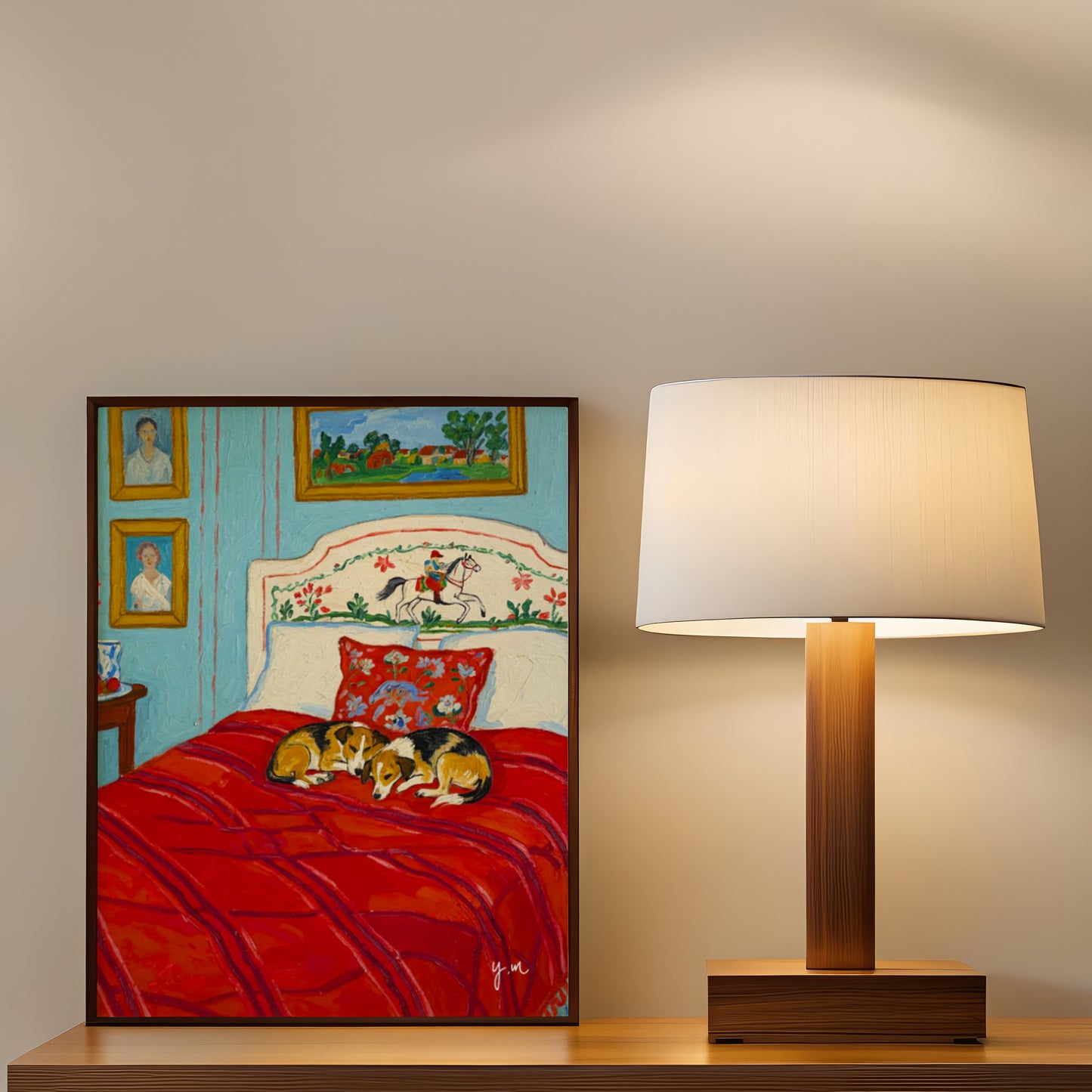 Cozy Corgis Sleeping on Red Bed Art Print Whimsical Dog Bedroom Illustration with Vintage Decor and Blue Walls by YunaMoona