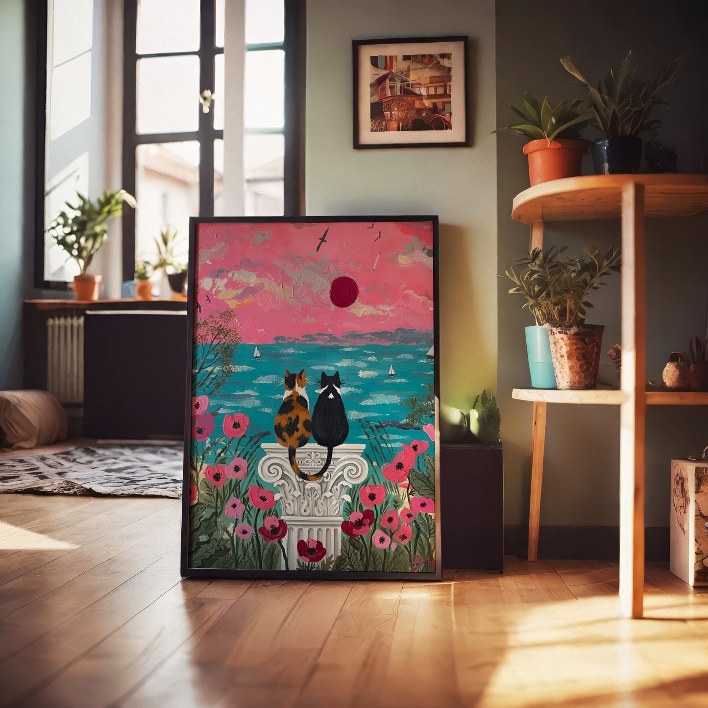 Two cats watching a seaside sunset floral garden painting coastal romantic cat art by YunaMoona