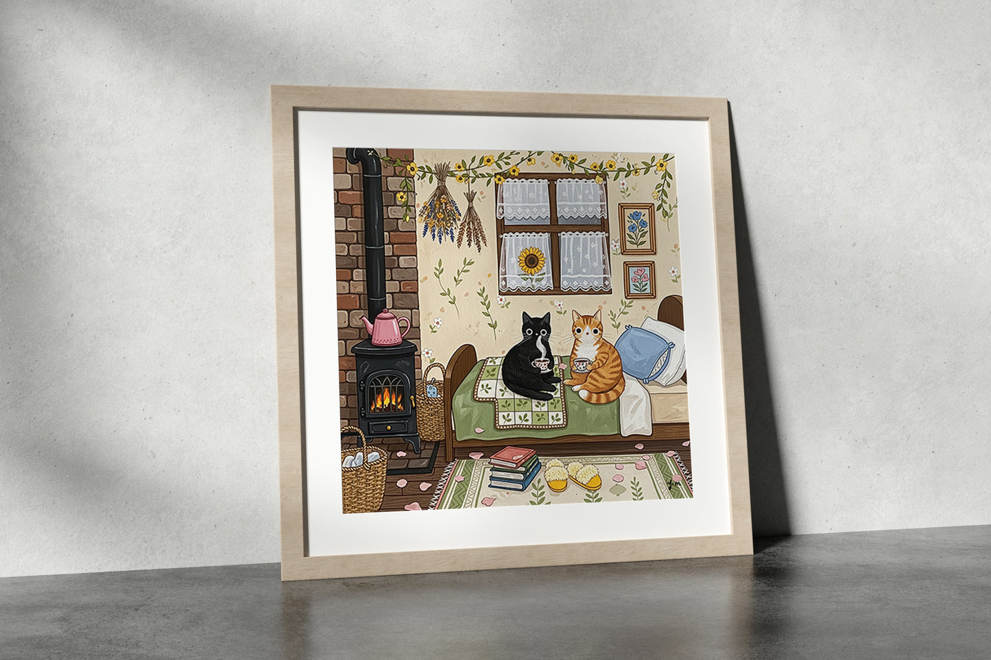 Two Cozy Cats in a Rustic Autumn Cabin with Warm Tea and Peaceful Vibes Poster