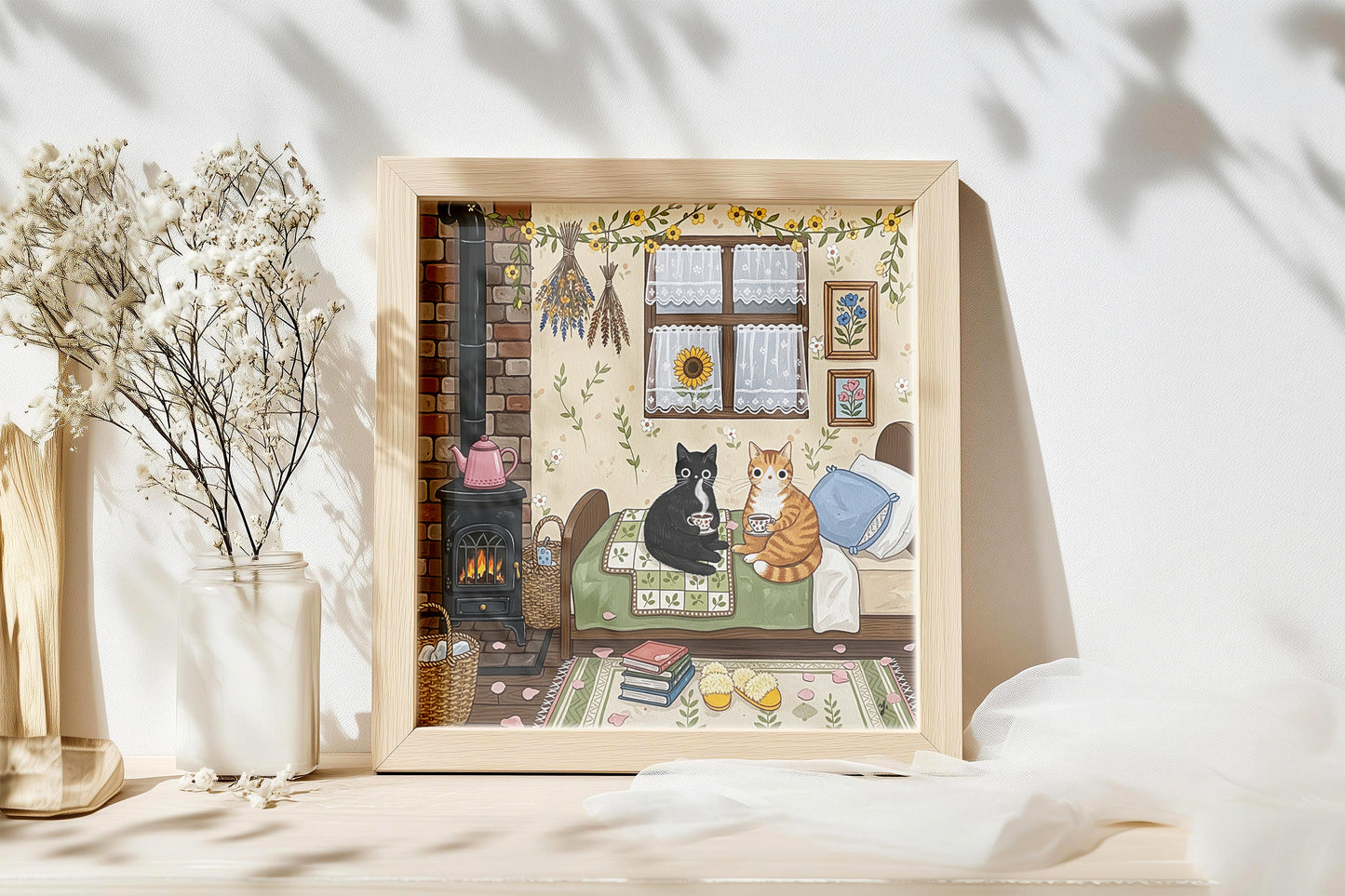 Two Cozy Cats in a Rustic Autumn Cabin with Warm Tea and Peaceful Vibes Poster