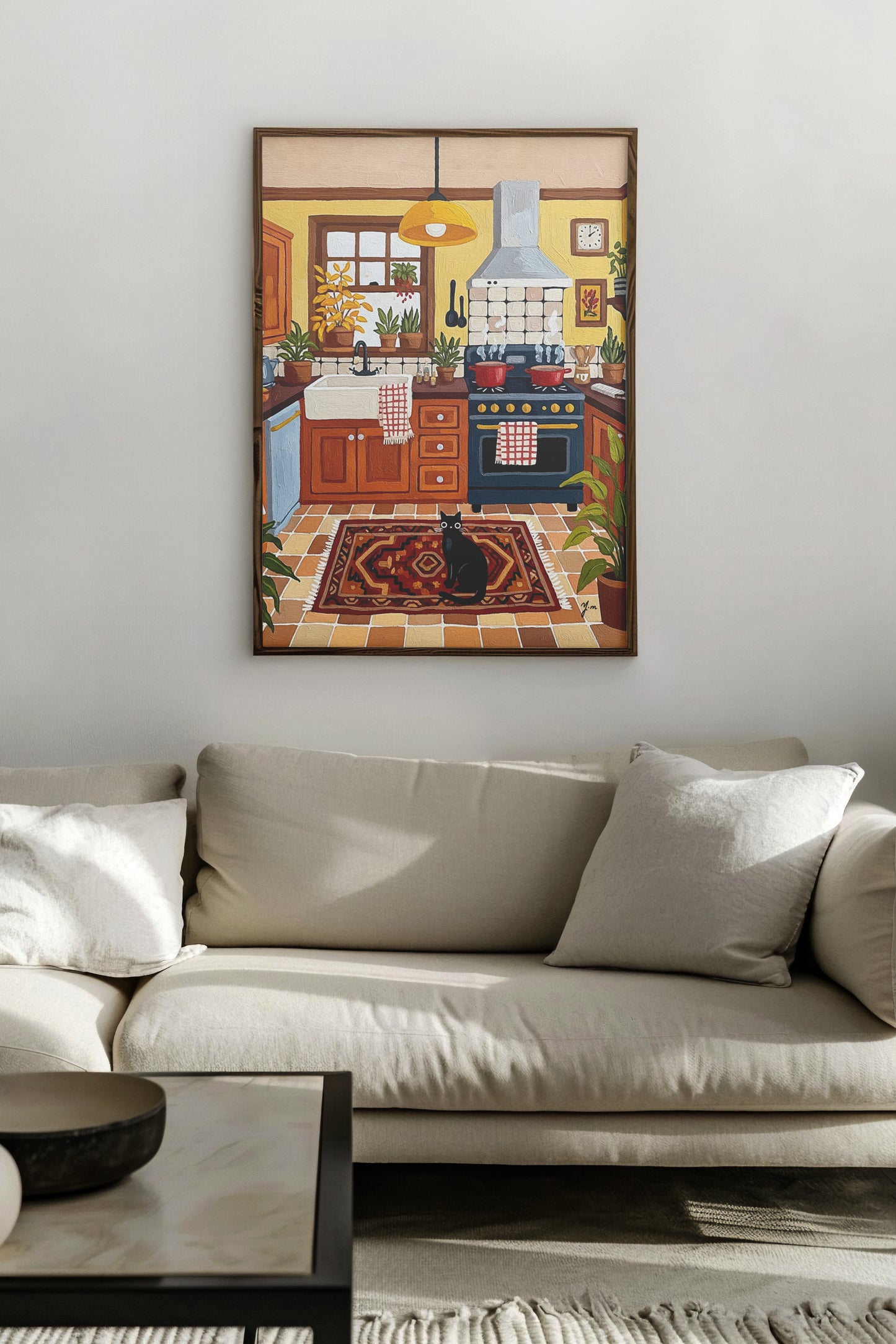 Rustic Kitchen Illustration with Black Cat, Plants, and Farmhouse Decor Poster Print