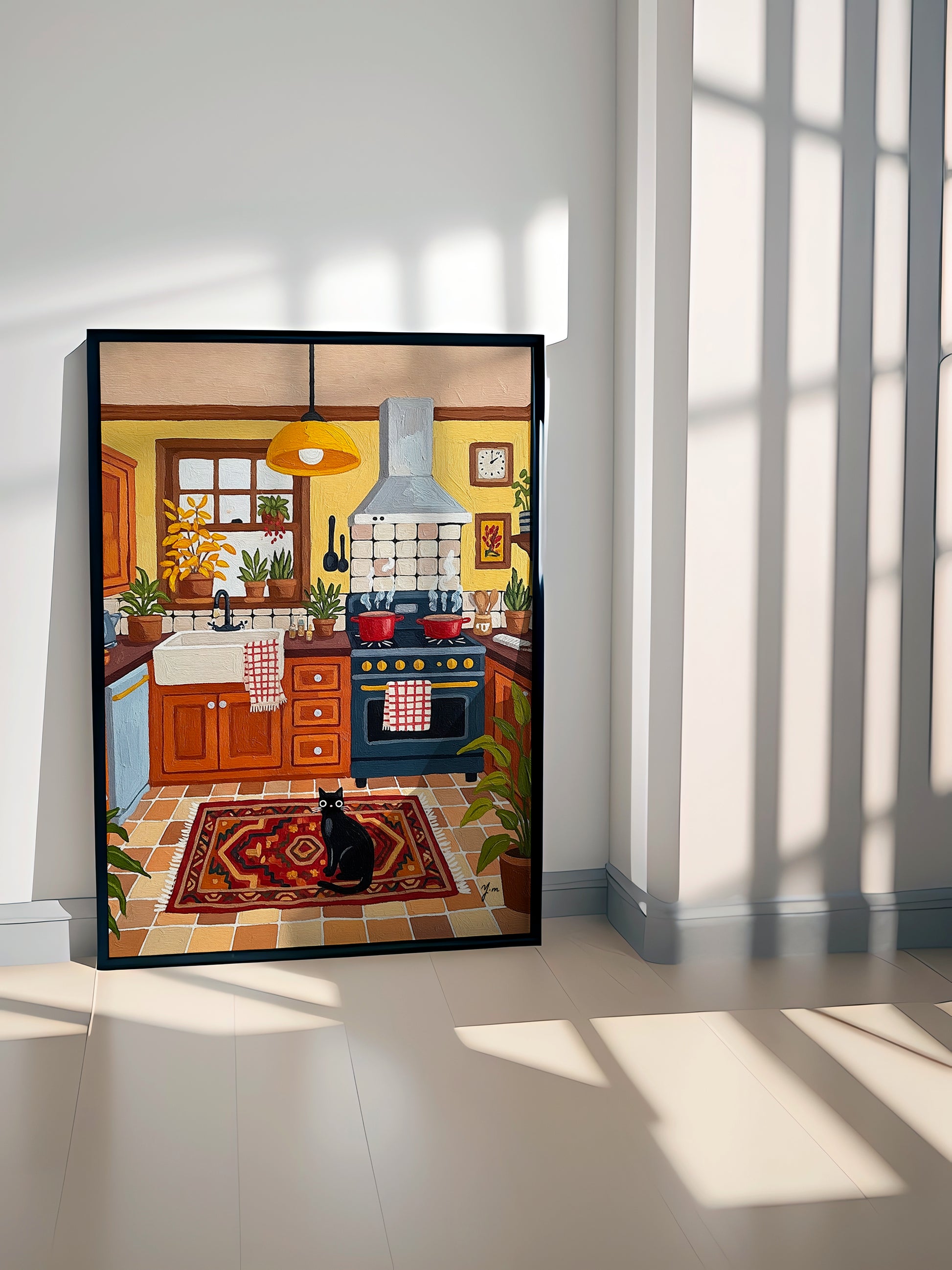 Rustic kitchen illustration with yellow walls, wooden cabinets, potted plants, patterned rug, and black cat sitting on the floor.