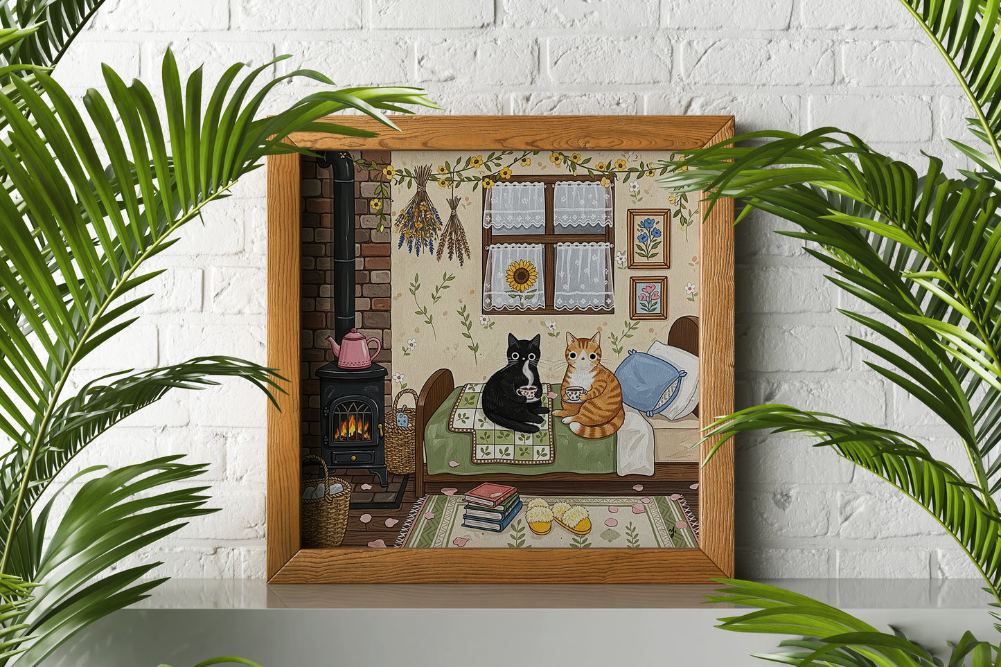 Two Cozy Cats in a Rustic Autumn Cabin with Warm Tea and Peaceful Vibes Poster