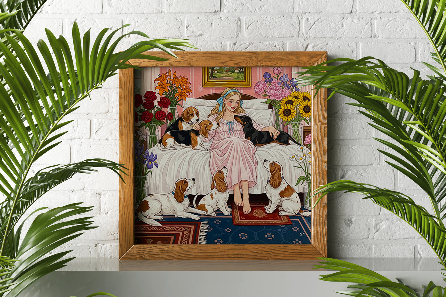 Girl with Dogs Art Print Romantic Floral Bedroom Whimsical Pet Illustration Wall Decor Poster