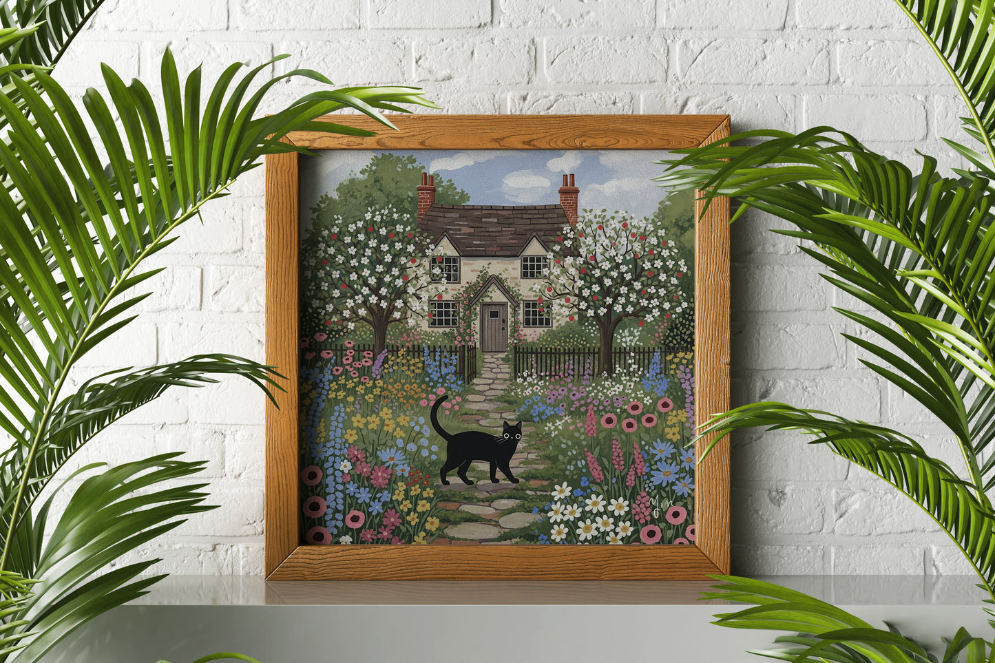 Whimsical Cottage Garden Art Print with Black Cat – Floral Countryside House Illustration for Home Decor Poster