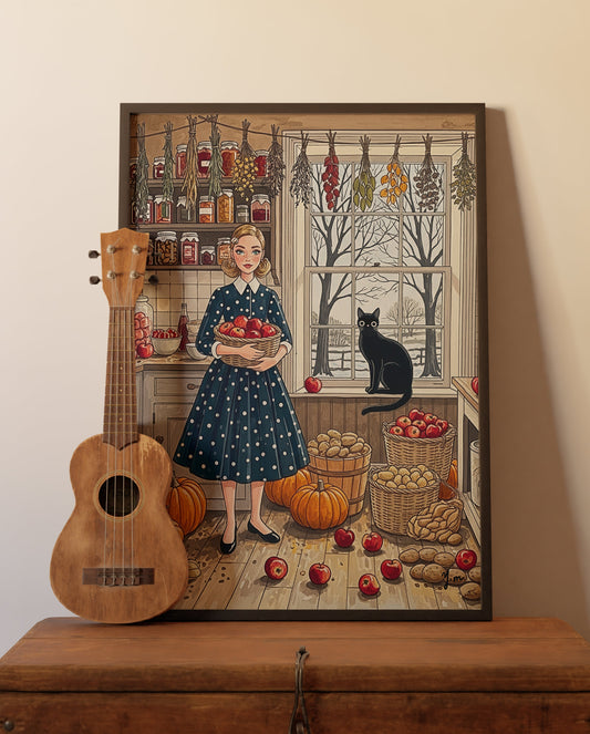A cozy, rustic kitchen scene where a woman in a polka-dot dress holds a basket of red apples. A black cat sits on the windowsill looking at a snowy winter landscape outside, surrounded by pumpkins, potatoes, and jars of food.