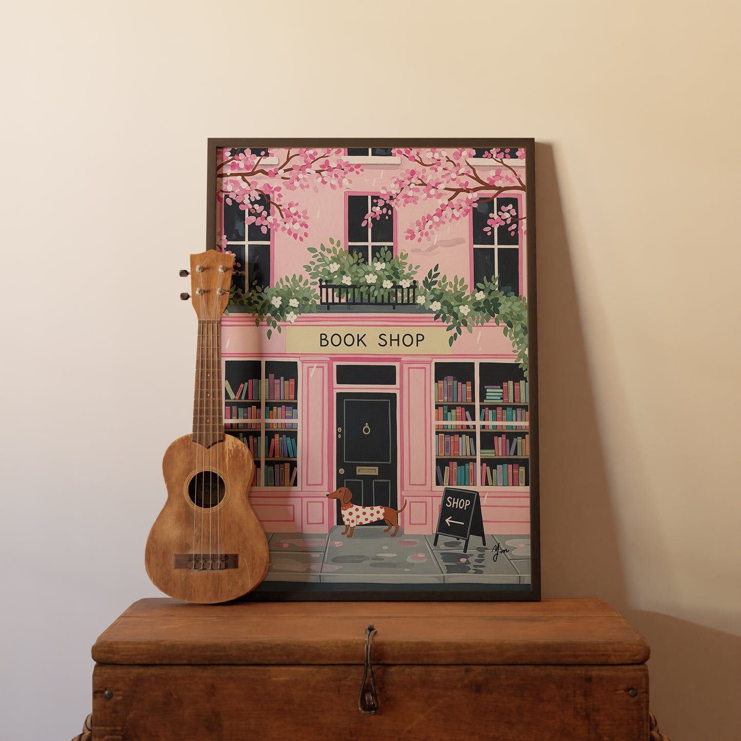 Pink Bookshop with Dachshund Illustration Spring Cherry Blossom Art Print Poster