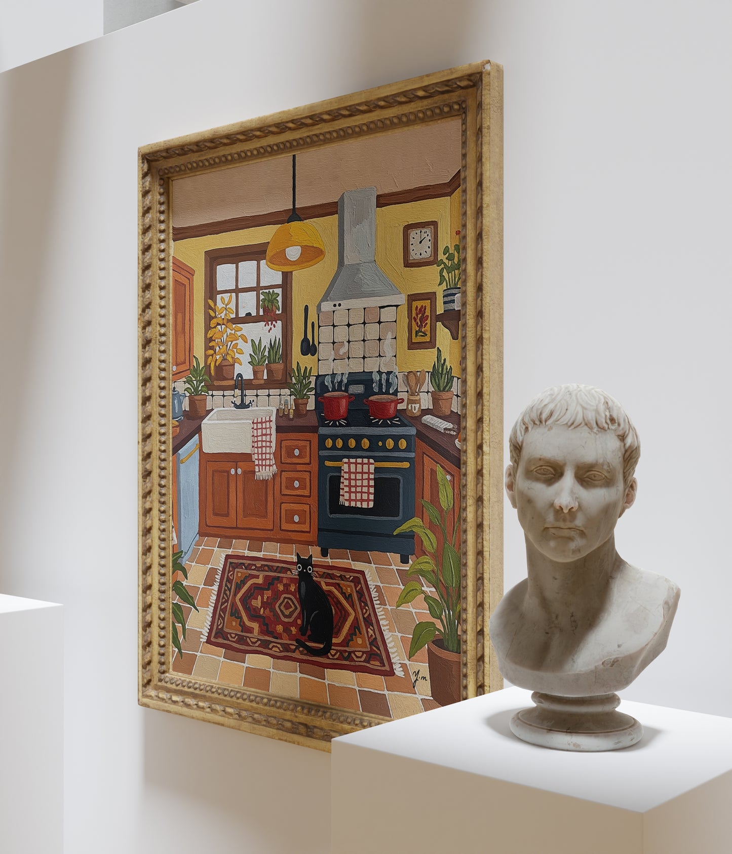 Rustic Kitchen Illustration with Black Cat, Plants, and Farmhouse Decor Poster Print