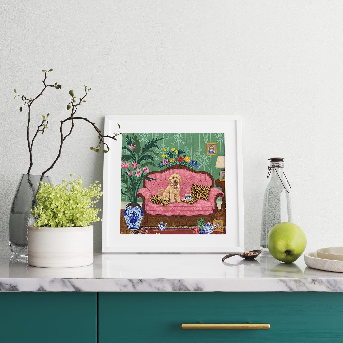 Elegant Dog on Pink Sofa Wall Art – Vintage Style Pet Print with Floral Decor & Tea Set Poster