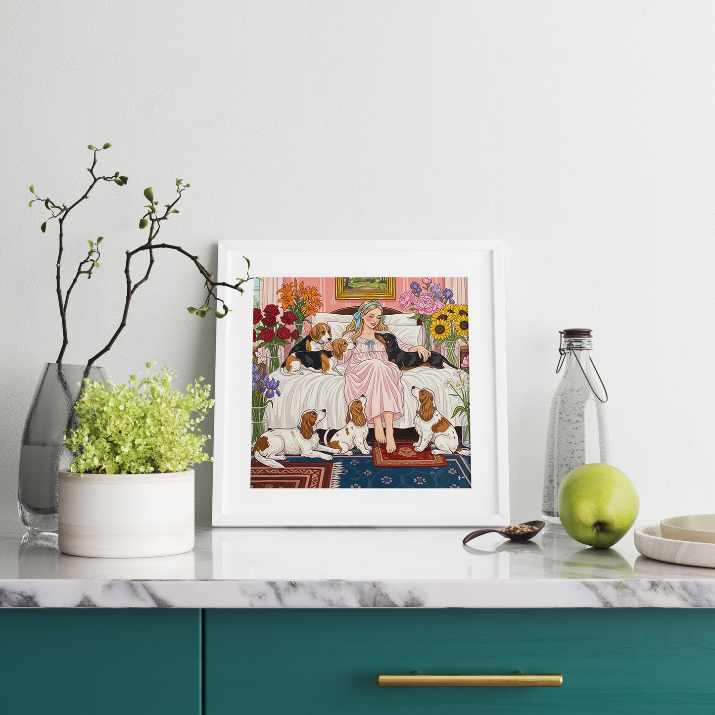 Girl with Dogs Art Print Romantic Floral Bedroom Whimsical Pet Illustration Wall Decor Poster