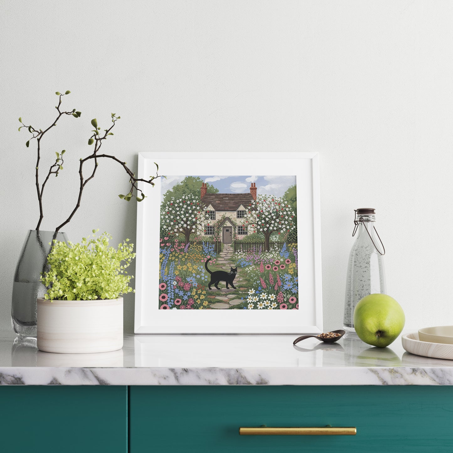 Whimsical Cottage Garden Art Print with Black Cat – Floral Countryside House Illustration for Home Decor Poster