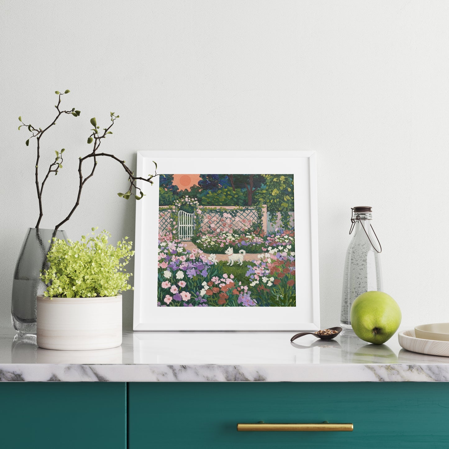 White Dog in a Secret Garden – Whimsical Floral Landscape Art Print Poster