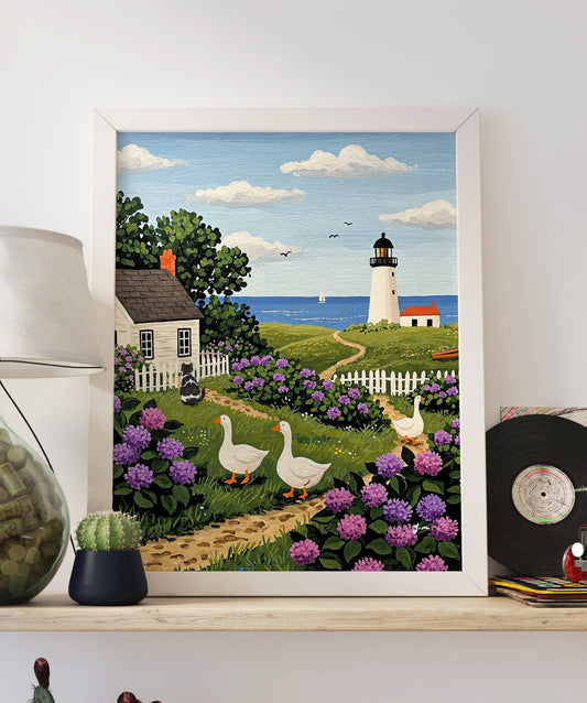Countryside Ocean Landscape Painting Countryside Ocean Lighthouse Handdrawn Coastal Wildflower Field Cat Art Ducks Beach Illustration Animal Cat