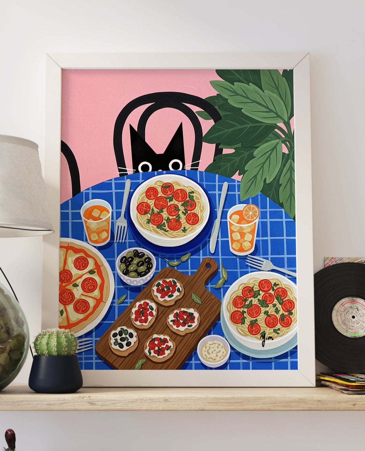 A playful illustration featuring a black cat peeking from behind a pink-backed chair at a colorful table filled with Italian food. The blue checkered table is covered with spaghetti topped with cherry tomatoes, a tomato and cheese pizza, olives, bruschetta, and iced drinks. A lush green plant decorates the scene, creating a cozy and inviting vibe. The curious black cat adds humor and charm, making this the perfect artwork for kitchens, dining rooms, or cat and food lovers.

