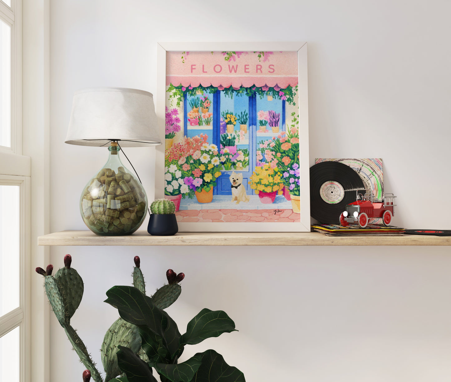 Cute Dog in Front of Colorful Flower Shop Wall Art Floral Boutique Print Spring Garden Dog Lover Poster French Market Illustration Poster