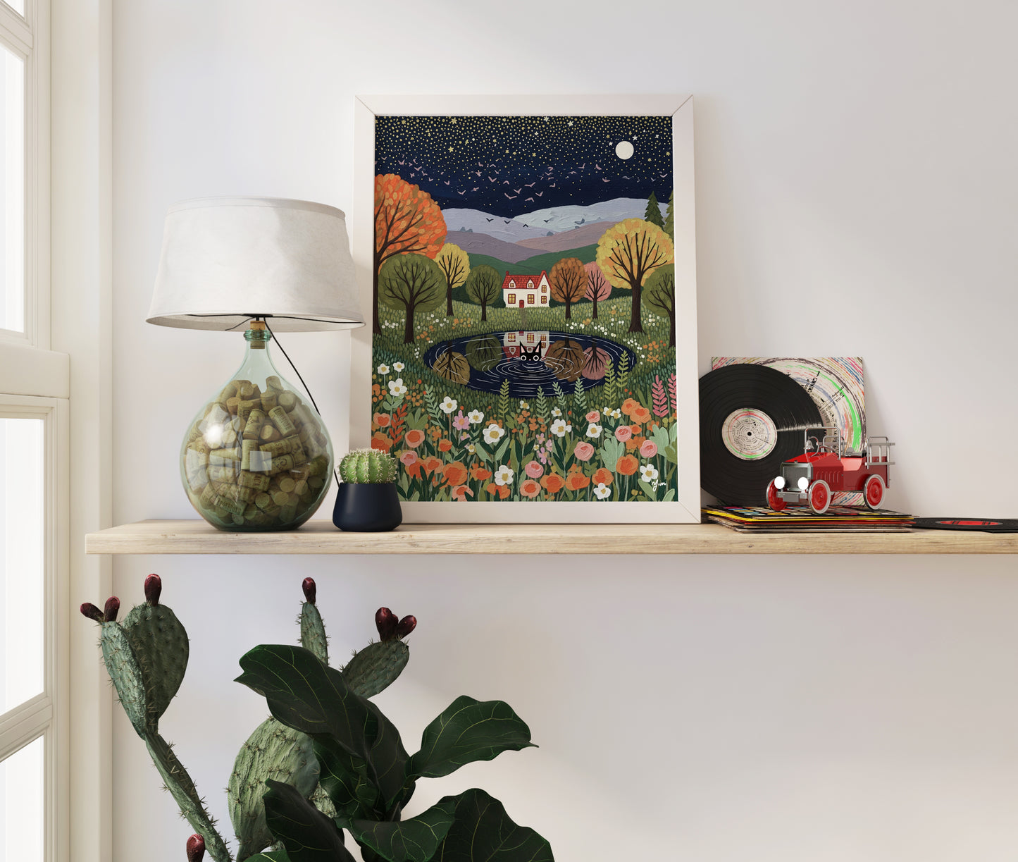 Whimsical Autumn Cat Art Print – Starry Night Cottage Landscape with Black Cat Reflection Poster
