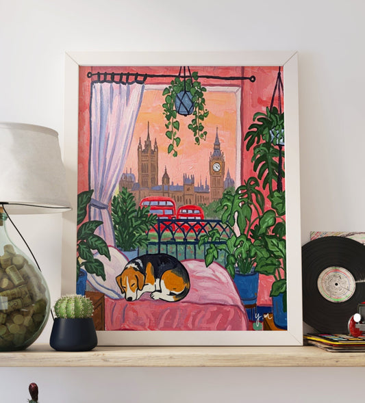 Sleeping dog on bed in a cozy plant filled room with a beautiful view of London cityscape Poster