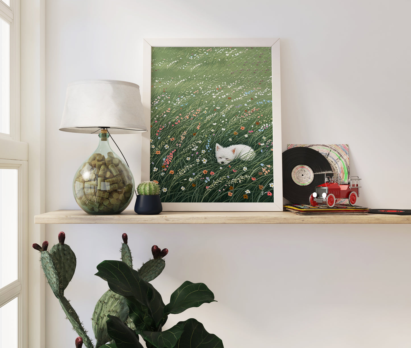 White Dog Sleeping in Wildflower Meadow – Whimsical Nature Art Print Poster