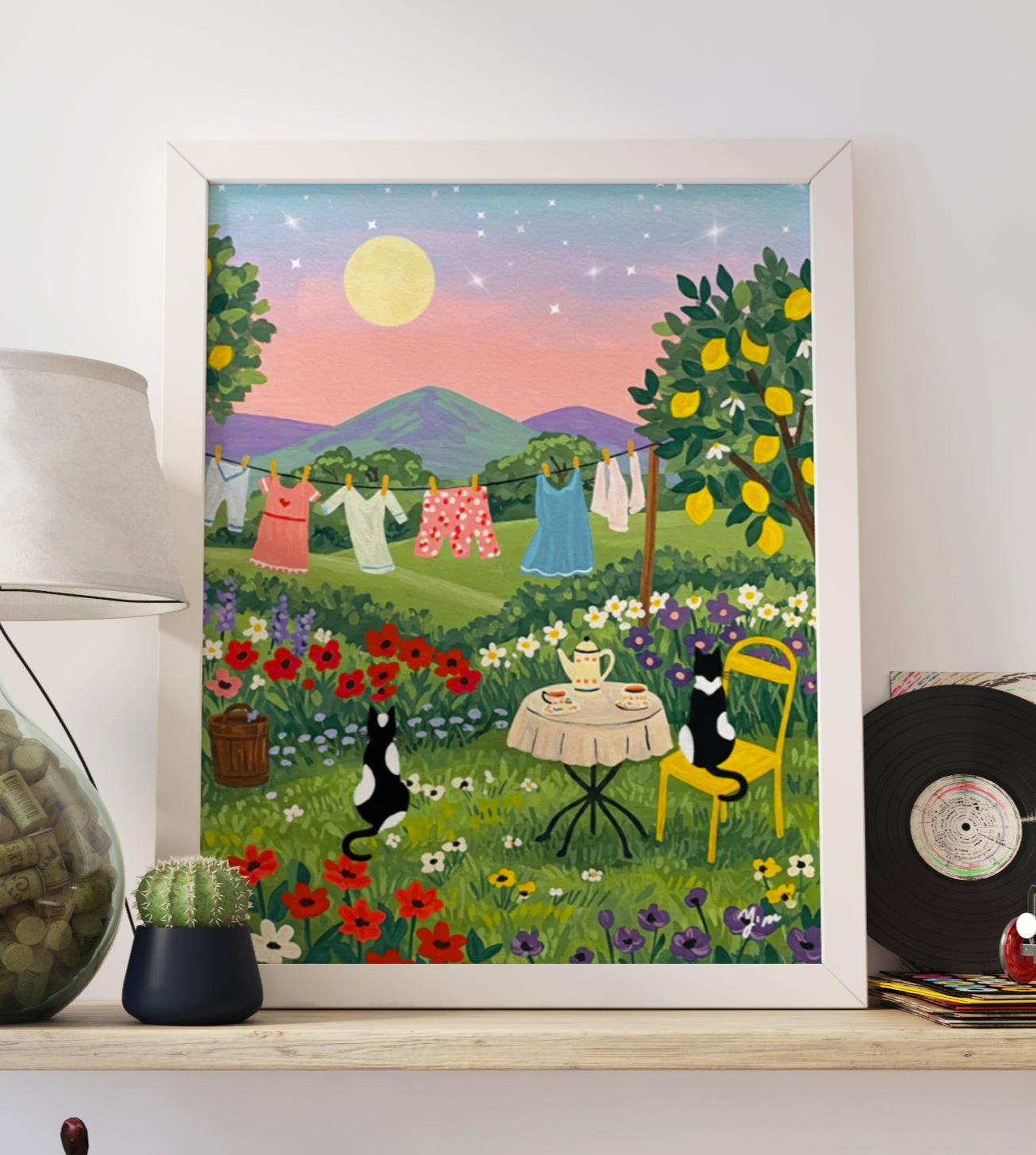 Sunset Tea Time Cat Art Print Two Cats with Laundry Line and Beautiful Landscape Wall Decor
