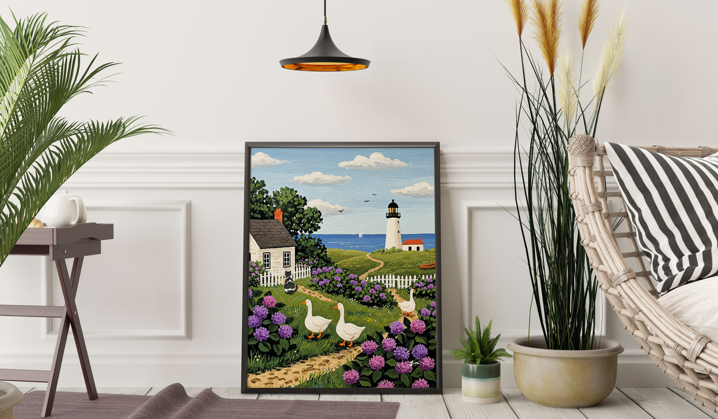 Countryside Ocean Landscape Painting Countryside Ocean Lighthouse Handdrawn Coastal Wildflower Field Cat Art Ducks Beach Illustration Animal Cat