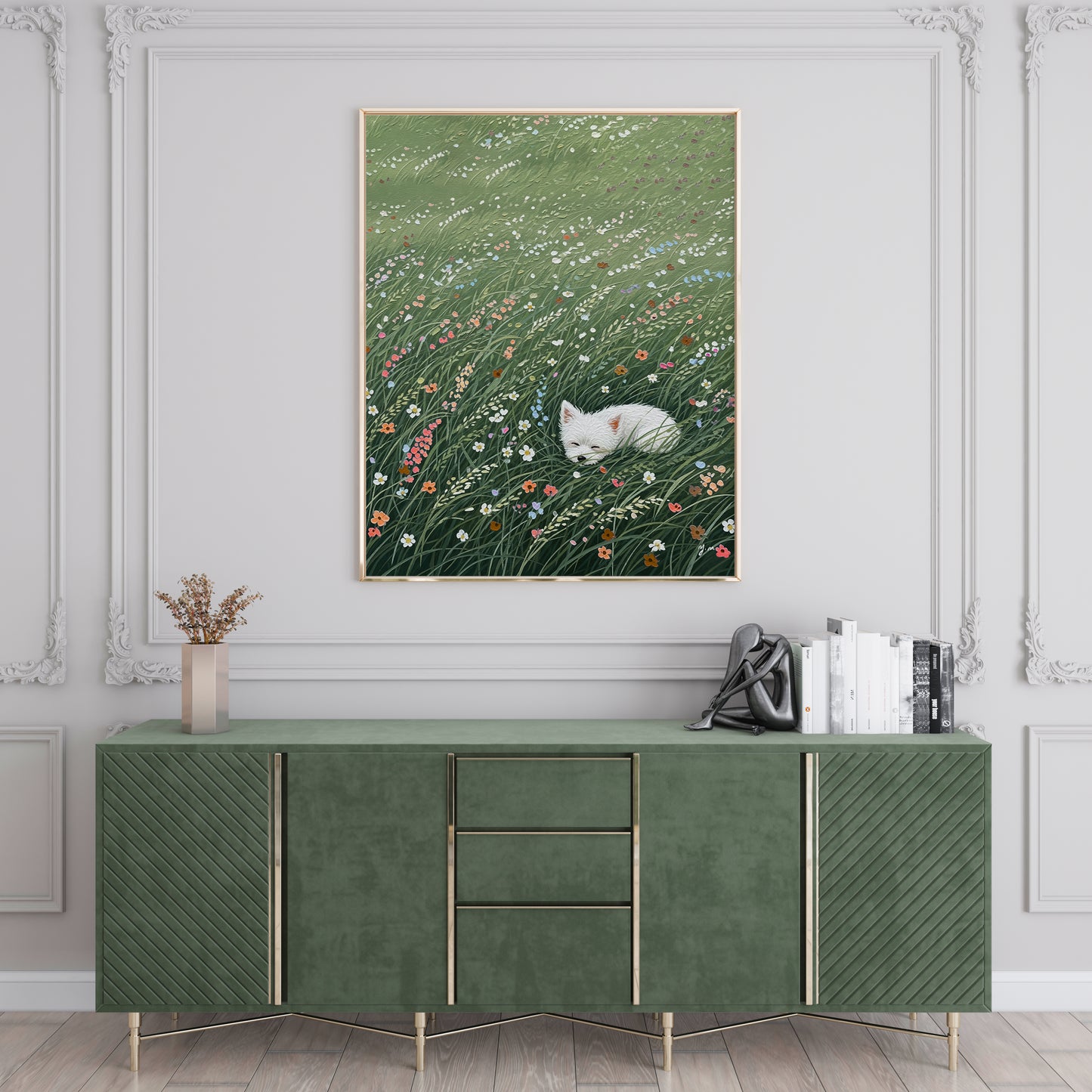 White Dog Sleeping in Wildflower Meadow – Whimsical Nature Art Print Poster