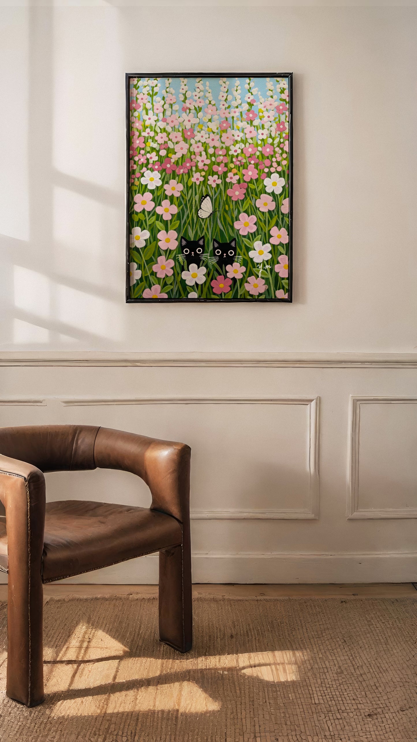 Whimsical Black Cats Hiding in Pink Flower Field with Butterfly Cute Pastel Cat Art Print for Nursery or Home Decor by YunaMoona