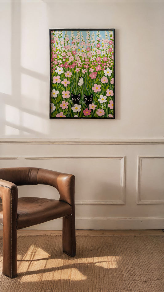 Whimsical Black Cats Hiding in Pink Flower Field with Butterfly Cute Pastel Cat Art Print for Nursery or Home Decor by YunaMoona