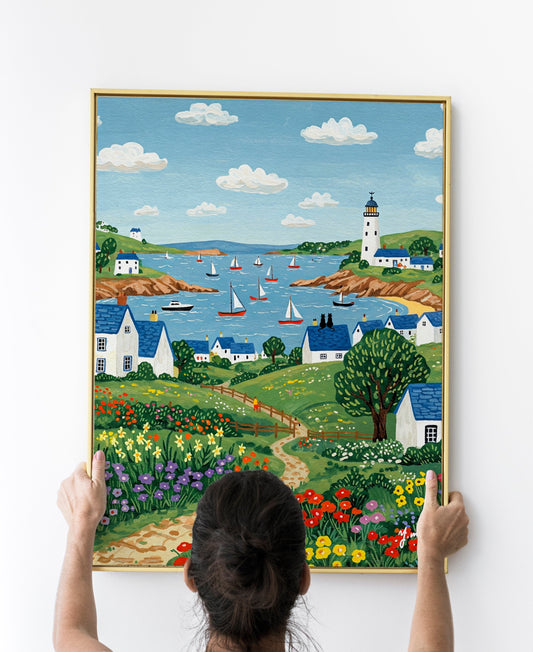 Couple Cat on the Roof Countryside Ocean Landscape Painting Countryside Sea Lighthouse Handdrawn Coastal Wildflower Field Beach Illustration