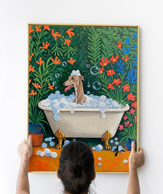 Hound Dog Bubble Bath in the Jungle – Whimsical Dog Spa Art, Funny Nature Bath Poster