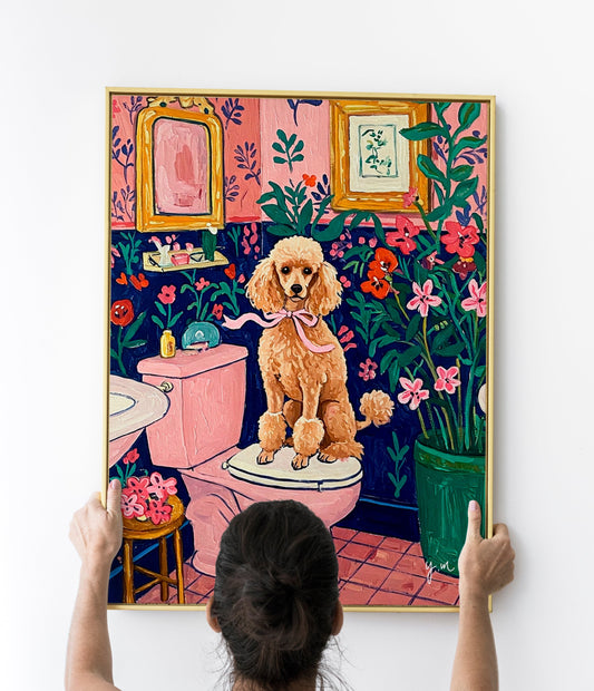 Toy poodle on Toilet Aesthetic pink bathroom wall art Henri Matisse art print Dopamine decor Gift for dog lovers Funny dog poster Fluffy dog