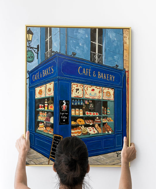 Whimsical blue Parisian café and bakery illustration with bread and pastries on a charming French street, perfect for kitchen wall decor