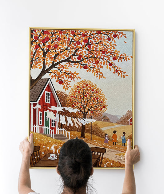 Autumn Countryside Stroll Tuxedo Cat Art Print – Cozy Fall Village Scene with Walking Cat – Rustic Landscape Decor for Cat Lovers