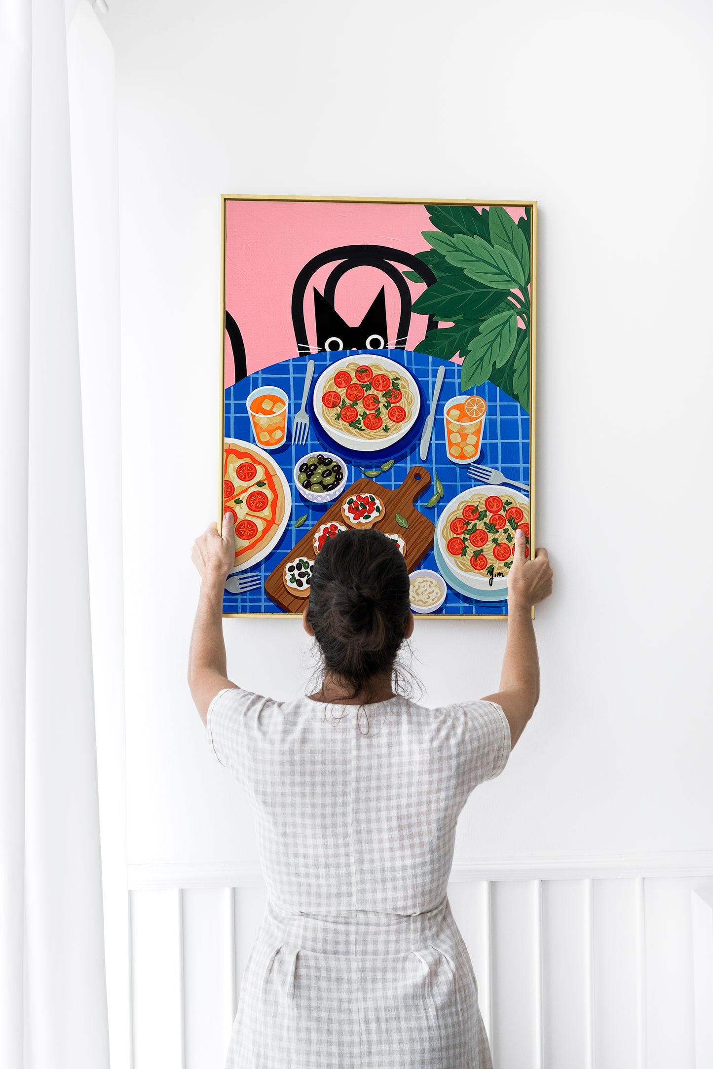 Black Cat Peeking at Italian Food Table Cute Funny Illustration Art Print Poster