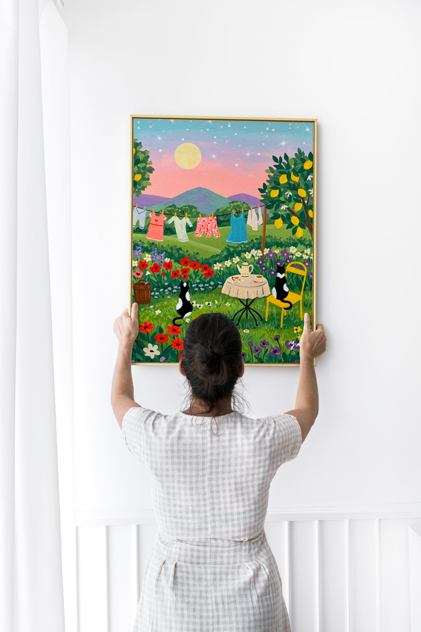 Sunset Tea Time Cat Art Print Two Cats with Laundry Line and Beautiful Landscape Wall Decor