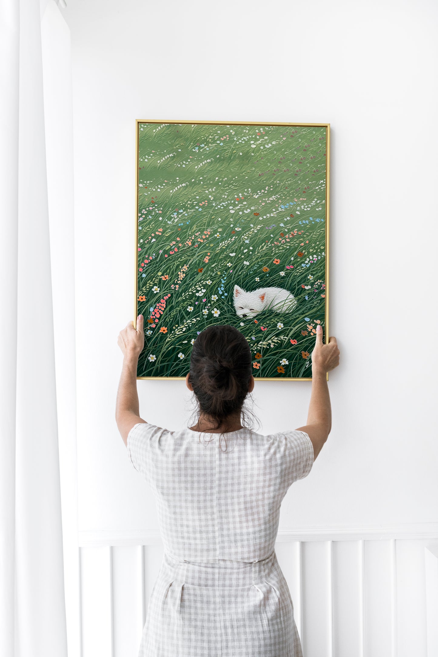 White Dog Sleeping in Wildflower Meadow – Whimsical Nature Art Print Poster