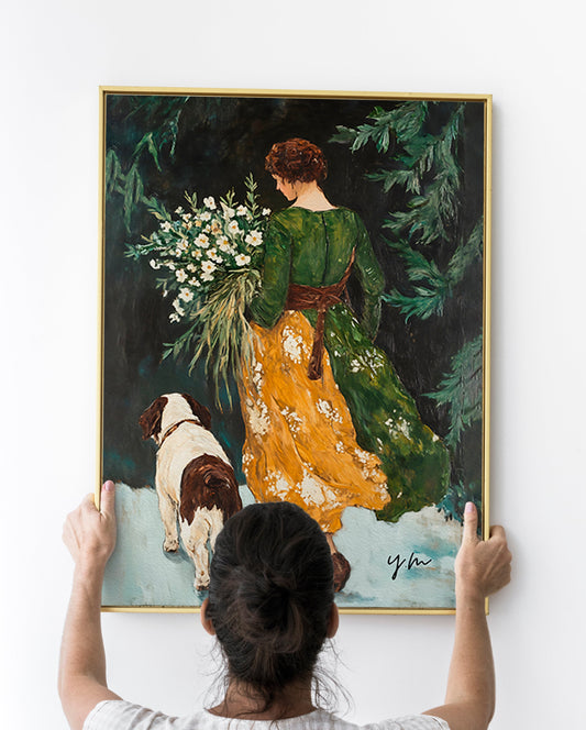 Woman and Her dog in the Snow Woods Painting Print Abstract Pet Illustration Poster Green Decor Cute Puppy Wall Art Vintage Country Farm